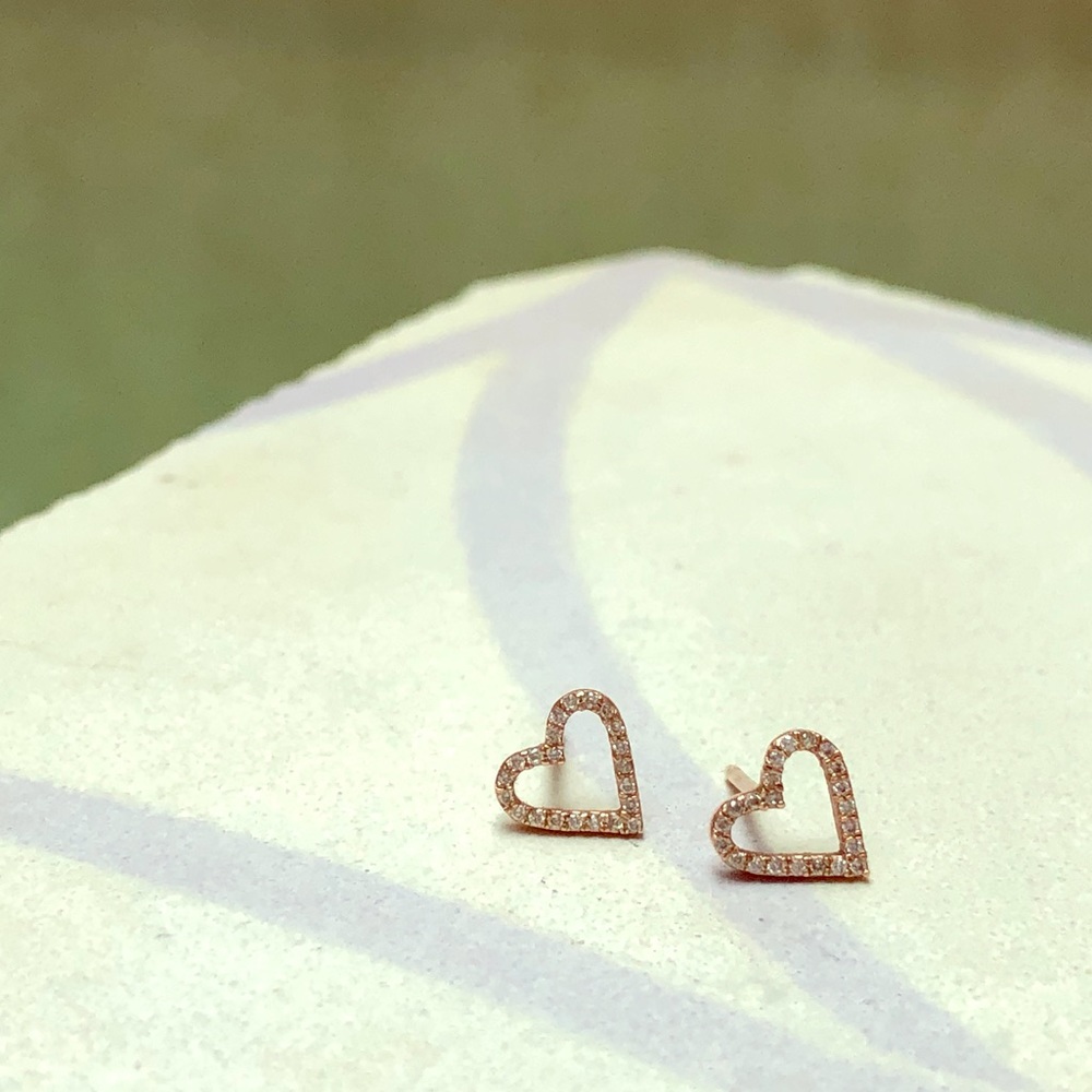 14K Gold SMALL “Pave Diamond Carried Heart” Studs